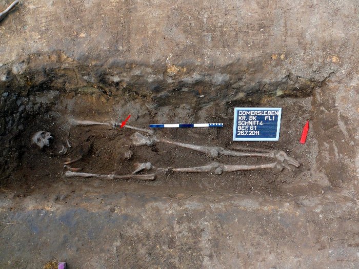 Abbildung 5: Skelettgrab mit Markierung des beigegebenen Messers. © Landesamt für Denk-malpflege und Archäologie Sachsen-Anhalt, Bernhard Lück.