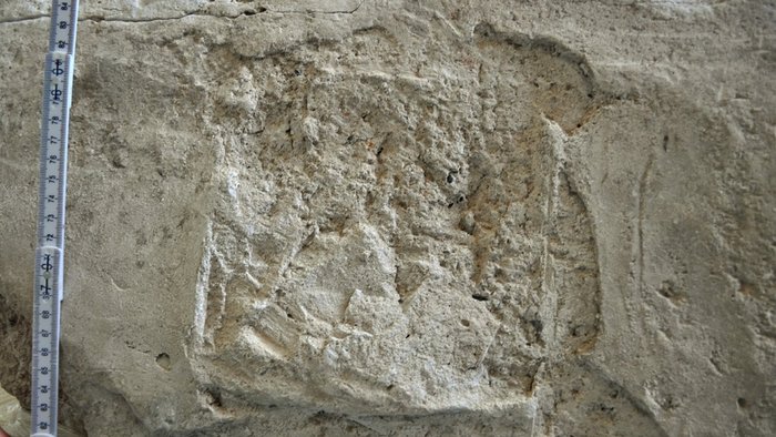 Abbildung 13: Ritzungen und Mörtelreste auf der Oberseite der Stuckwand weisen auf die Position der Säulenarkade hin. © Landesamt für Denkmalpflege und Archäologie Sachsen-Anhalt,  Corinna Scherf.