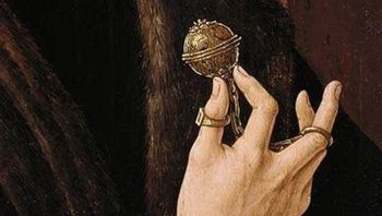 Abbildung 9: Darstellung eines Pommanders oder Bisamapfels, Detail aus dem Porträt des Bürgermeisters von Alkmaar von Jacob Cornelisz. van Oostsanen, etwa 1518. © CORNELISZ VAN OOSTSANEN, Jacob (b. ca. 1472, Oostzan, d. 1533, Amsterdam), Public domain, via Wikimedia Commons [08.06.2021].