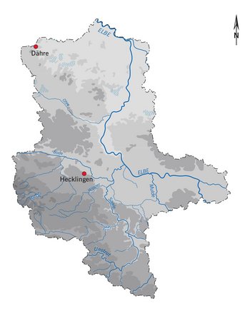 Abbildung 4: Verortung der Fundplätze Hopftal bei Hecklingen (Riemenzunge) und Dähre (Fibel) in Sachsen-Anhalt. © Landesamt für Denkmalpflege und Archäologie Sachsen-Anhalt, Karte Birte Janzen.