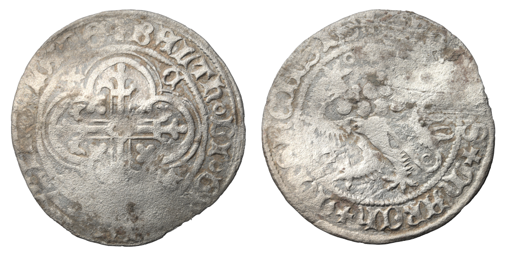 Abbildung 4: Avers und Revers vom Meißner oder Fürstengroschen, Landgrafschaft Thüringen, Balthasar von Wettin (1336 bis 1406), Silber, 2,224 Gramm, 28,5 Millimeter, 1404 bis 1406 in Freiberg geprägt, (Inventarnummer: 16678:001001:00022a.) © Landesamt für Denkmalpflege und Archäologie Sachsen-Anhalt, O.S.C.A.R.