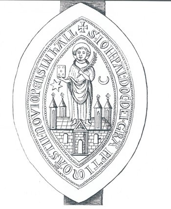 Siegel des Probstes des Klosters Neuwerk aus dem Jahr 1517 mit idealisierter Ansicht der Klosterkirche. Nach: W. Freitag/A. Ranft (Hrsg.), Geschichte der Stadt Halle. Band 1 (Halle [Saale] 2006) 103.