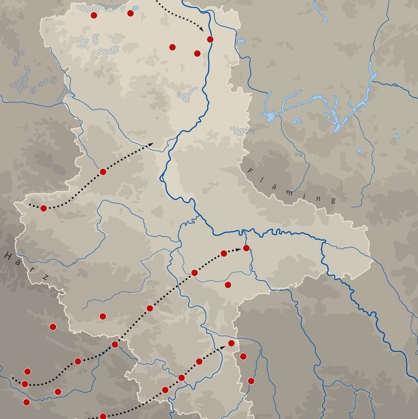 Das Freie Germanien im Bereich des heutigen Landes Sachsen-Anhalt in der Zeit von 60 vor bis 180 nach Christus. Markiert sind die anhand von Münzfunden erschließbaren Marschrouten römischer Truppen. © Landesamt für Denkmalpflege und Archäologie Sachsen-Anhalt, Klaus Pockrandt, Nora Seeländer.