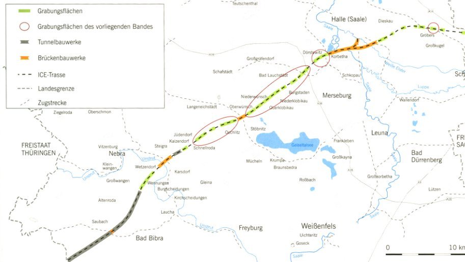 Abbildung 1: Archäologische Untersuchungen im Bereich der ICE-Neubaustrecke Erfurt–Leipzig/Halle im Land Sachsen-Anhalt. © Landesamt für Denkmalpflege und Archäologie Sachsen-Anhalt, Grafik: K.-H. Schneider/S. Kubenz/M. Fröhlich.