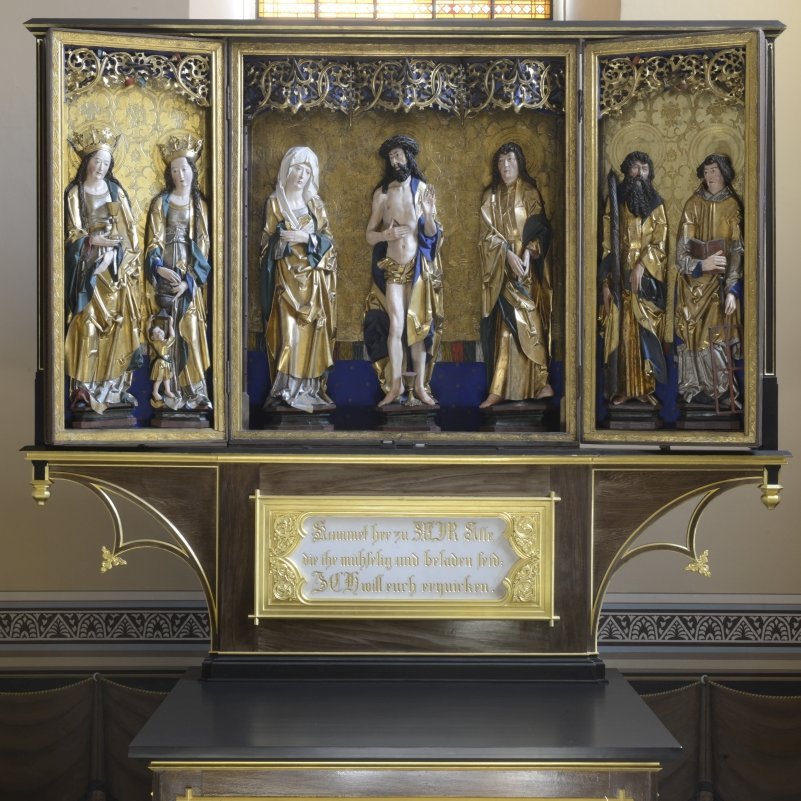 Köthen, Kirche St. Agnus. Hochaltar aus der Zeit um 1510, sogenannte Festtagsseite mit Skulpturen. © Landesamt für Denkmalpflege und Archäologie Sachsen-Anhalt, Gunar Preuß.