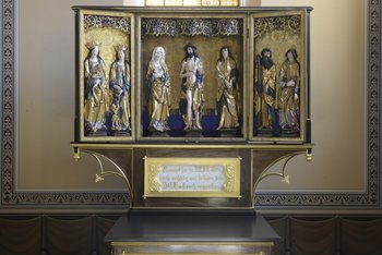 Köthen, Kirche St. Agnus. Hochaltar aus der Zeit um 1510, sogenannte Festtagsseite mit Skulpturen. © Landesamt für Denkmalpflege und Archäologie Sachsen-Anhalt, Gunar Preuß.