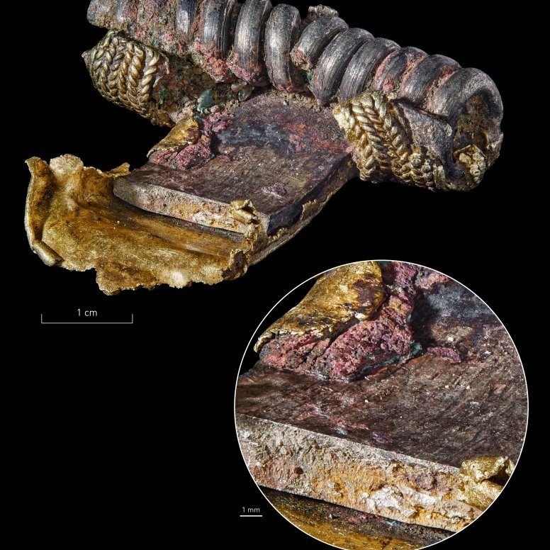 Abbildung 8: Goldplattierte Rollenkappenfibel (HK 1460:1:3). Ansicht der Bruchstelle am Bügel und der Kupferverbindungen auf der Unterseite des Bügels. Stadt Zerbst, Landkreis Anhalt-Bitterfeld. © Landesamt für Denkmalpflege und Archäologie Sachsen-Anhalt, Thomas Puttkammer.