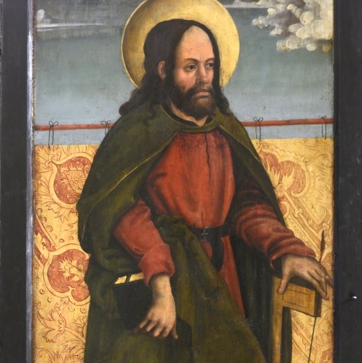 Köthen, Kirche St. Agnus. Hochaltar aus der Zeit um 1510, Rückseiten der äußeren Altarflügel mit dem Apostel Jakobus der Jüngere. © Landesamt für Denkmalpflege und Archäologie Sachsen-Anhalt, Gunar Preuß.