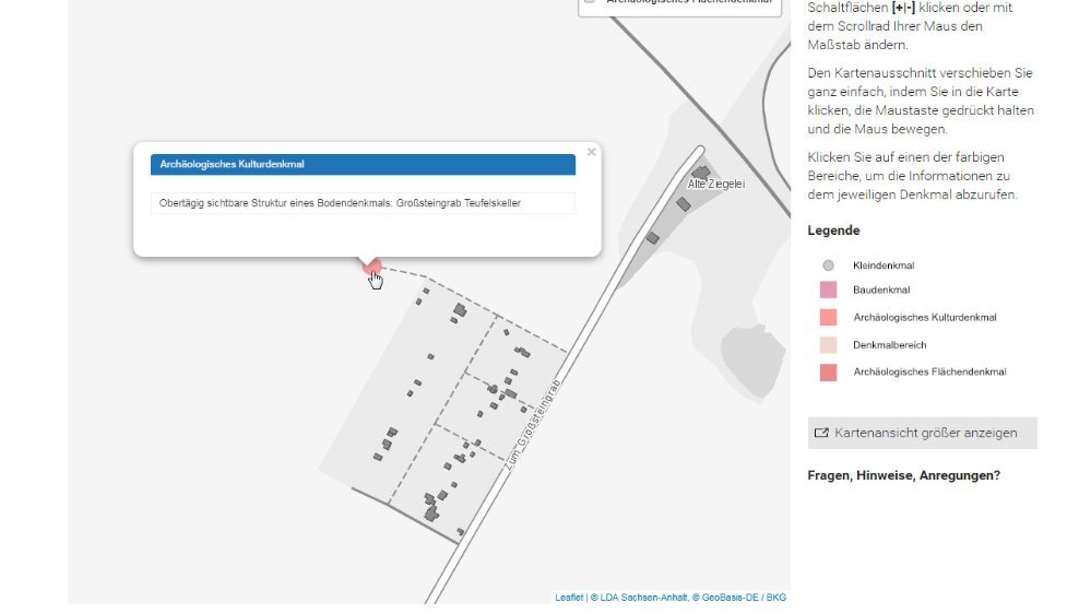 Screenshot: Eintrag zum Großsteingrab bei Drosa im Denkmalinformationssystem des Landes Sachsen-Anhalt. © Landesamt für Denkmalpflege und Archäologie Sachsen-Anhalt, Kartengrundlage: © GeoBasis-DE / BKG 2018.