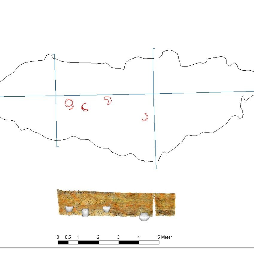 Abbildung 8: Profil der Grube mit Projektion der vier Gefäße. © Landesamt für Denkmalpflege und Archäologie Sachsen-Anhalt, Matthias Melzer, Simone Werner-Nebe.
