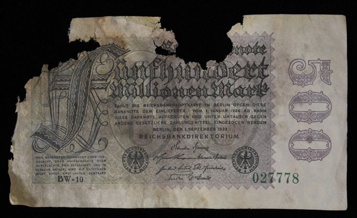 Abbildung 3: Reichsbanknote vom 1. September 1923 im Wert von 500 Millionen Mark. Zu dieser Zeit erfolgte zur Beschleunigung der Produktion der Druck der Geldscheine nur noch einseitig. © Landesamt für Denkmalpflege und Archäologie Sachsen-Anhalt, Heiko Breuer.