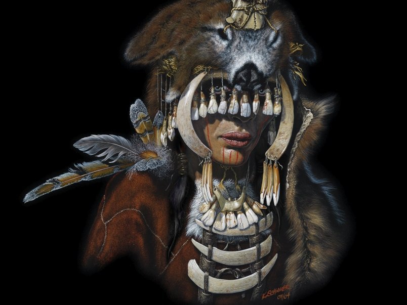 Künstlerische Interpretation der ›Schamanin‹ von Bad Dürrenberg auf Grundlage der Fundzusammensetzung mit Geweihmaske/-haube und in voller Zeremonialkleidung. © Landesamt für Denkmalpflege und Archäologie Sachsen-Anhalt, Karol Schauer.