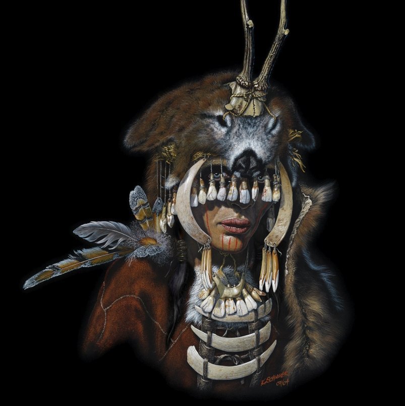 Künstlerische Interpretation der ›Schamanin‹ von Bad Dürrenberg auf Grundlage der Fundzusammensetzung mit Geweihmaske/-haube und in voller Zeremonialkleidung. © Landesamt für Denkmalpflege und Archäologie Sachsen-Anhalt, Karol Schauer.