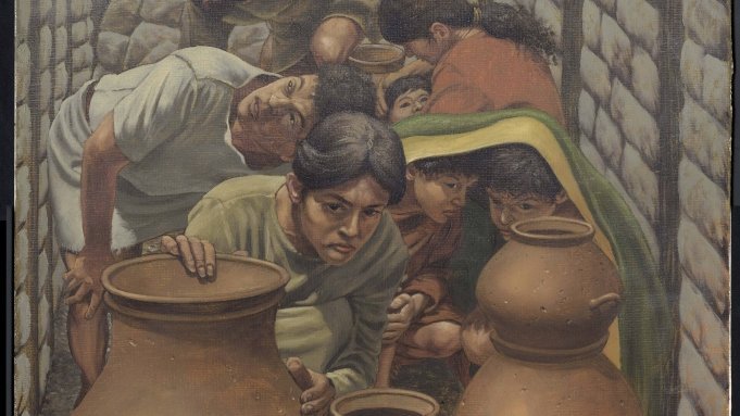Abbildung 8: Künstlerische Umsetzung und Rekonstruktion des archäologischen Befundes von sieben Individuen zwischen den Vorratsgefäßen, die sich während des  Brandes versuchten, in Sicherheit in zu  bringen. © Landesamt für Denkmalpflege und Archäologie Sachsen-Anhalt, Karol  Schauer.