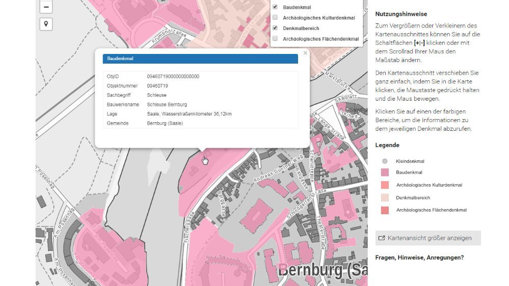 Screenshot: Eintrag zur Schleuse Bernburg im Denkmalinformationssystem des Landes Sachsen-Anhalt. © Landesamt für Denkmalpflege und Archäologie Sachsen-Anhalt, Kartengrundlage: © GeoBasis-DE / BKG 2018.