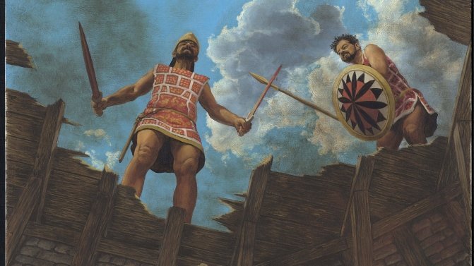 Abbildung 7: Künstlerische Umsetzung und Rekonstruktion eines Kampfgeschehenes, basierend auf  Ausgrabungen der südlichen Kammer  des monumentalen Torweges der  befestigten Siedlung von Roca Vecchia:  Hier wurde das Skelett eines 18 bis 20 Jahre alten Mannes im unteren Teil der  Einsturzschichten entdeckt. Die  anthropologischen Untersuchungen  konnten Stichwunden in der Lendengegend als Todesursache  feststellen. In der Nähe des Skletetts  wurden unter anderem ein ägäischer Bronzedolch und Vogelkopf als Teil einer Schatulle (Pyxis) gefunden. © Landesamt für Denkmalpflege und Archäologie Sachsen-Anhalt, Karol Schauer.