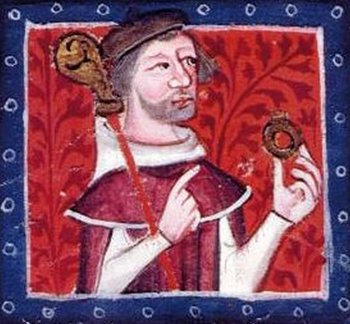 Abbildung 5: Investitur mit Ring und Stab: Darstellung Bischofs Henry von Blois (circa 1100 bis 1171). Illumination in Golden Book of Saint Alban’s, um 1380. © British Library, London, Cotton Nero D. VII, f. 87v.