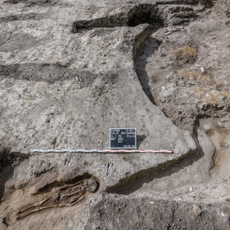 Zwickel zwischen Seitenapsis und Hauptapsis der Klosterkirche mit im Zwickel liegendem Kindergrab. © Landesamt für Denkmalpflege und Archäologie Sachsen-Anhalt, Klaus Bentele.