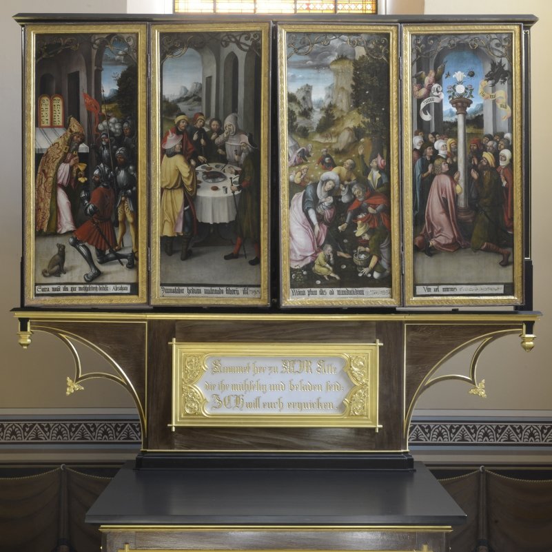 Köthen, Kirche St. Agnus. Hochaltar aus der Zeit um 1510, Sonntagsseite mit geöffneten bemalten Altarflügeln. © Landesamt für Denkmalpflege und Archäologie Sachsen-Anhalt, Gunar Preuß.