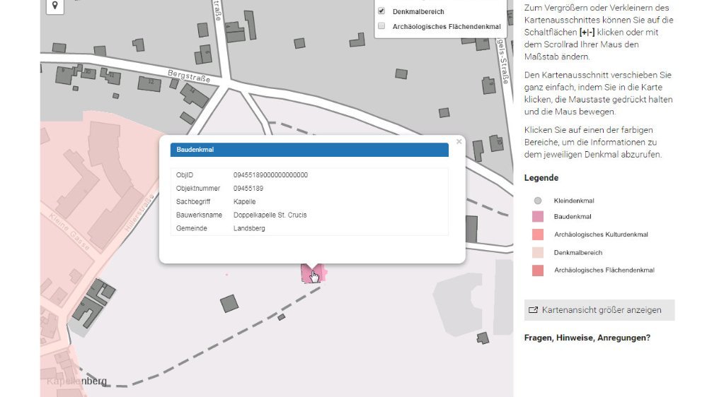 Screenshot: Eintrag zur Doppelkapelle Landsberg im Denkmalinformationssystem des Landes Sachsen-Anhalt. © Landesamt für Denkmalpflege und Archäologie Sachsen-Anhalt, Kartengrundlage: © GeoBasis-DE / BKG 2018.