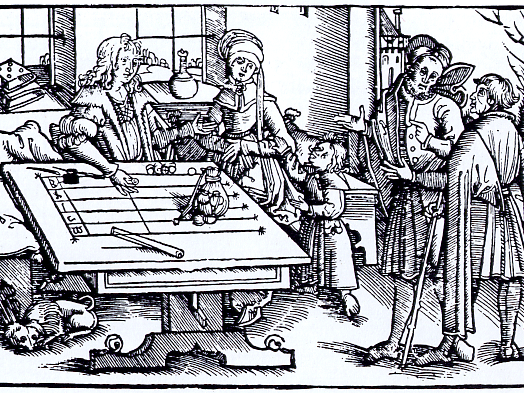 Abbildung 2: Rechentisch auf einem Holzschnitt vermutlich aus Straßburg (aus: K. Menninger, Zahlwort und Ziffer. Eine Kulturgeschichte der Zahl, Göttingen 19793, 153).