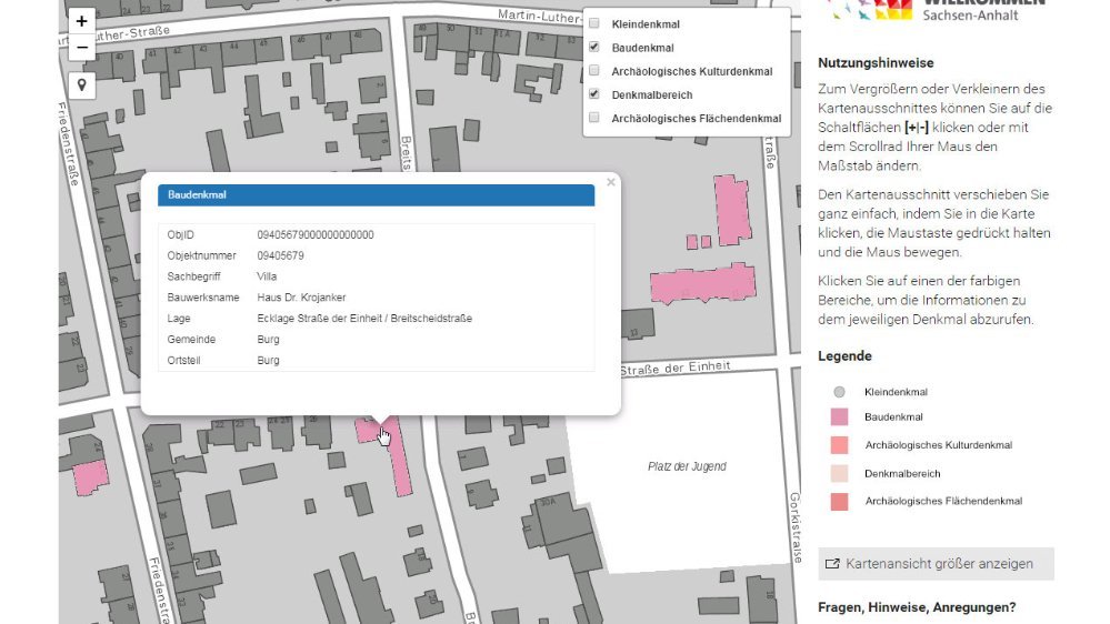 Screenshot: Eintrag zum Haus Krojanker im Denkmalinformationssystem des Landes Sachsen-Anhalt. © Landesamt für Denkmalpflege und Archäologie Sachsen-Anhalt, Kartengrundlage: © GeoBasis-DE / BKG 2018.