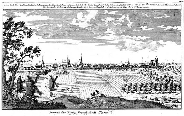 Abbildung 3: Das Stadtbild Stendals im 3. Viertel des 18. Jahrhunderts (Radierung 1773); Johann David Schleuen (1711 bis 1774). © Winkelmann-Museum Stendal [CC BY – NC – SA].