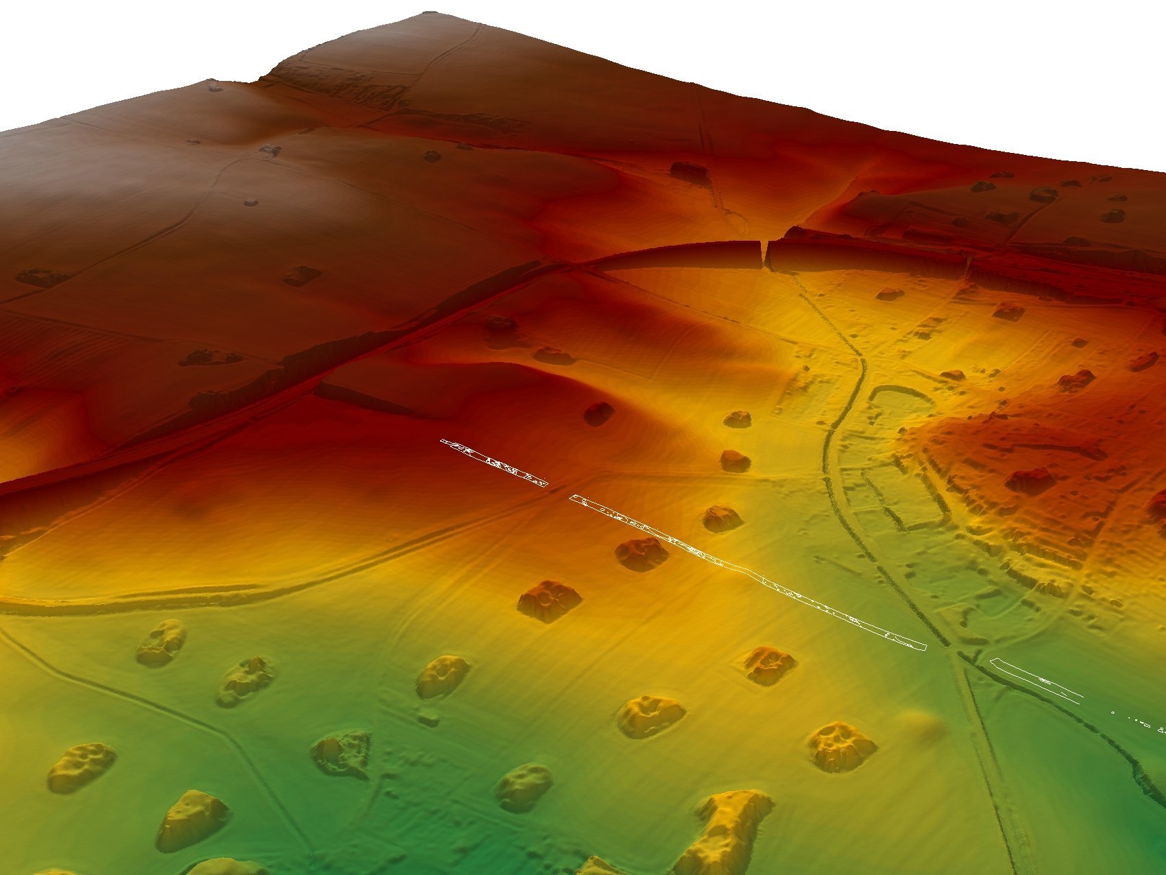 Abbildung 1: Durch den LiDAR-Scan wird das hügelige Relief mit seinen Plateaus und Taleinschnitten sichtbar gemacht. Der Blick geht in etwa von Süd-Ost (vorne) nach Nord-West (hinten). In der Bildmitte rechts Benndorf, unten im „Tal“ die kaiserzeitliche Fundstelle© Landesamt für Denkmalpflege und Archäologie Sachsen-Anhalt, Anna Swieder; DGM1 © GeoBasis-DE / LVermGeo LSA, Datenlizenz Deutschland – Namensnennung – Version 2.0.