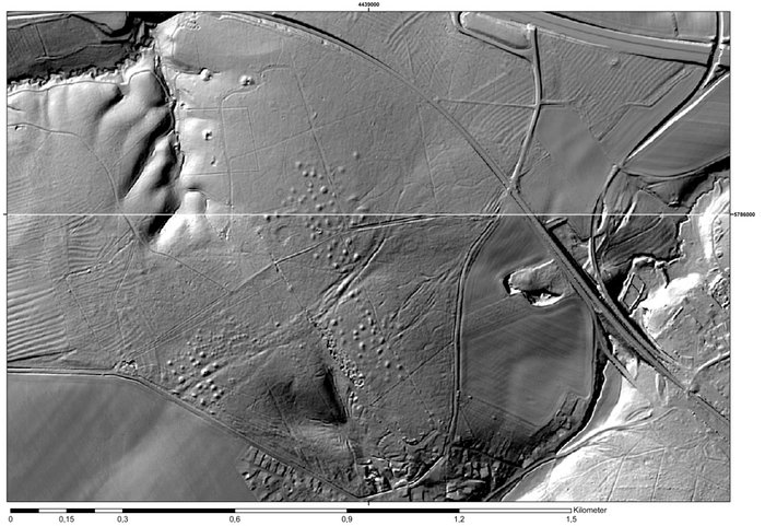 Abbildung 19: Lidarscan vom Bischofswald Marienborn mit den Grahügelfeldern. Lidarscan © Landesamts für Vermessung und Geoinformation Sachsen-Anhalt. 