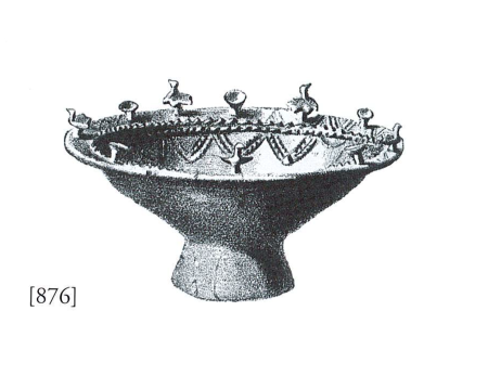 Abbildung 4: Keramikschale aus einem Grab vom Gräberfeld bei Sopron, Ungarn, zeigt abwechselnd Miniaturgefäße und Vogelfiguren auf dem Gefäßrand. Aus: Eibner-Persy 1980, Seite 135, Tafel 27.