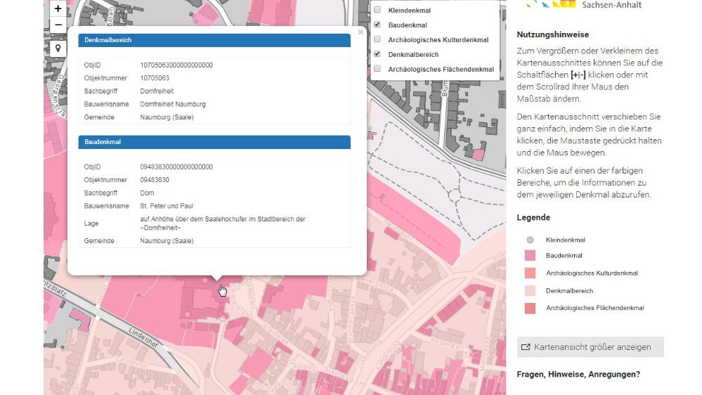 Screenshot: Eintrag zum Naumburger Dom im Denkmalinformationssystem des Landes Sachsen-Anhalt. © Landesamt für Denkmalpflege und Archäologie Sachsen-Anhalt, Kartengrundlage: © GeoBasis-DE / BKG 2018.