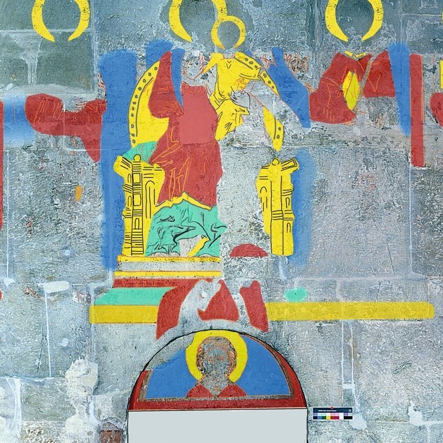 Schematische Darstellung der erhaltenen Wandmalereifragmente an der Ostwand des nördlichen Kirchenschiffes: thronende Maria mit dem Christuskind, flankiert von Heiligen. Frühes 13. Jahrhundert. © Landesamt für Denkmalpflege und Archäologie Sachsen-Anhalt, Torsten Arnold, Martin Lehmann.