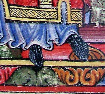 Abbildung 4: Buchmalerei um 1200 mit bemalten Schuhen. Von Joadl - Eigenes Werk, CC BY-SA 3.0, https://commons.wikimedia.org/w/index.php?curid=5775714 (13.07.2021).
