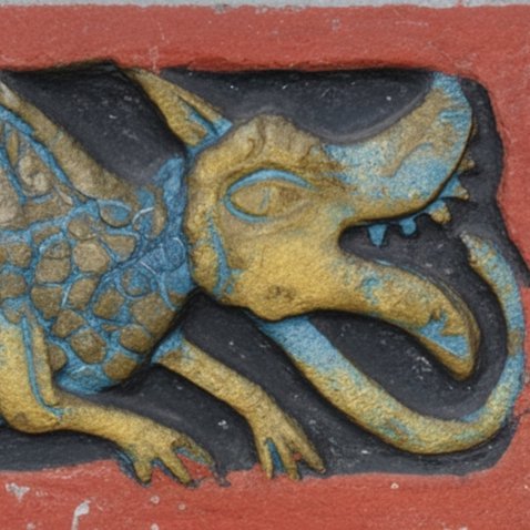 Detail aus dem romanischen Sandsteinfries im Obergaden des Mittelschiffes: gelber Drache mit blauer Binnenzeichnung (farbliche Rekonstruktion nach Befund). © Landesamt für Denkmalpflege und Archäologie Sachsen-Anhalt, Torsten Arnold.