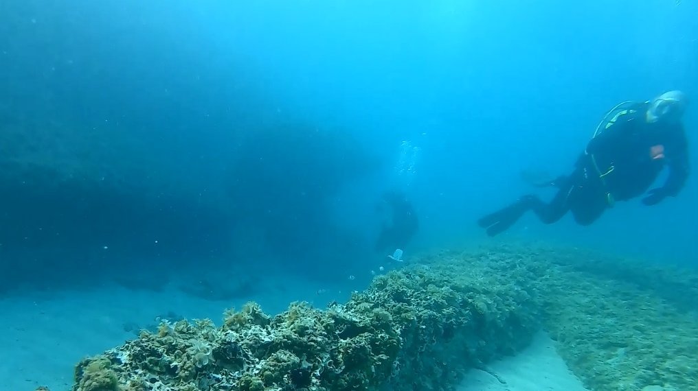 Abbildung 3a: Durch Tauchgänge und Sonaraufnahmen der SeaCat konnte die Ausdehnung der Siedlung Roca Vecchia erkannt werden. Die Taucher konnten auf dem Meeresgrund Mauerreste beziehungsweise Fundamente identifizieren. Die brauen Streifen zeigen die Untersuchungsflächen der Seacat. Wie man erkennt (durch die grüne Linie markiert), ist das heute über Wasser sichtbare Gebiet ehemals größer gewesen und unter Wasser  konnten Spuren der Ausdehnung der Siedlung erkannt werden. © Landesamt für Denkmalpflege und Archäologie Sachsen-Anhalt, Sven Thomas. 