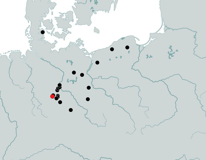 Abbildung 7: Verbreitung der Plattenfibeln mit Schälchenaufsatz. © Landesamt für Denkmalpflege und Archäologie Sachsen-Anhalt, Regine Maraszek, Brigitte Parsche.