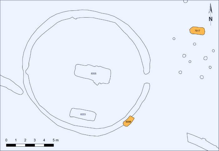 Abbildung 10: Die nur wenige Meter nordöstlich des Zentralgrabes gelegene Grube 7017 mit einer zweiten Pferdedeponierung war identisch ausgerichtet. Gelb: Gruben mit Pferdedeponierungen. © Landesamt für Denkmalpflege und Archäologie Sachsen-Anhalt, Jonathan Schulz, T. Rexhausen.
