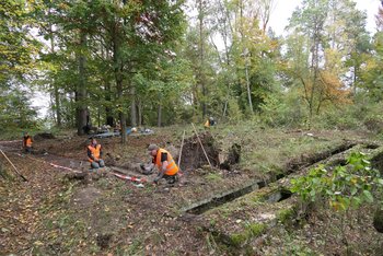 Gemeinsame Arbeit an einem gezielt angelegten Sondageschnitt im Bereich eines Barackenfundaments im Konzentrations-Außenlager bei Walbeck. © Landesamt für Denkmalpflege und Archäologie Sachsen-Anhalt, Anna Swieder.