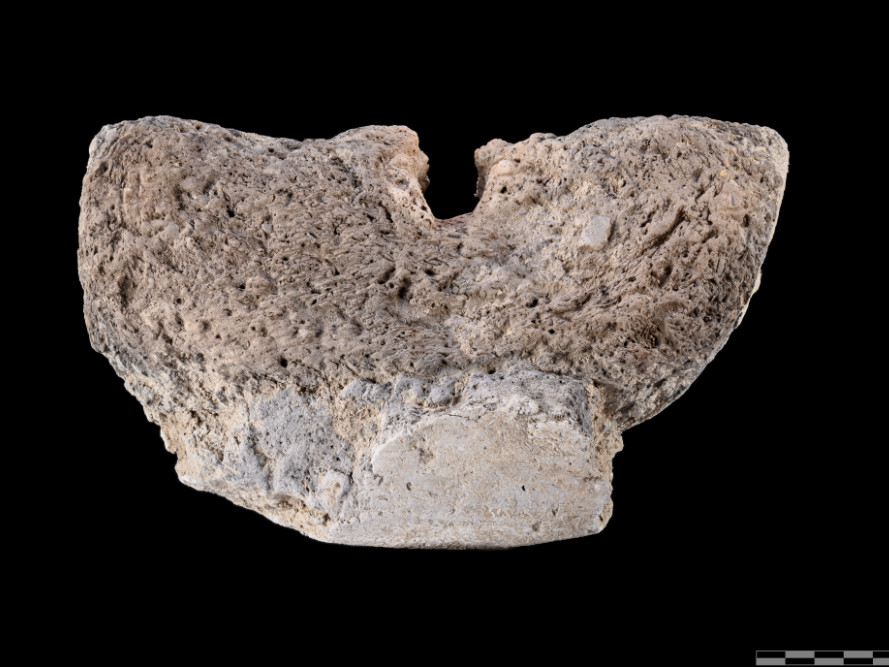 Abbildung 8: Essestein vom Rand einer Schmiedeesse: durch die Öffnung wurde mit einem Blasebalg Sauerstoff zugeführt © Landesamt für Denkmalpflege und Archäologie Sachsen-Anhalt, Klaus Bentele.