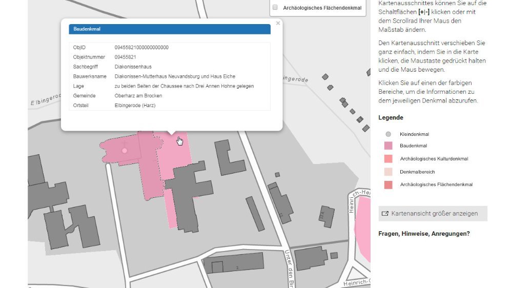 Screenshot: Eintrag zum Diakonissen-Mutterhaus Neuvandsburg im Denkmalinformationssystem des Landes Sachsen-Anhalt. © Landesamt für Denkmalpflege und Archäologie Sachsen-Anhalt, Kartengrundlage: © GeoBasis-DE / BKG 2018.